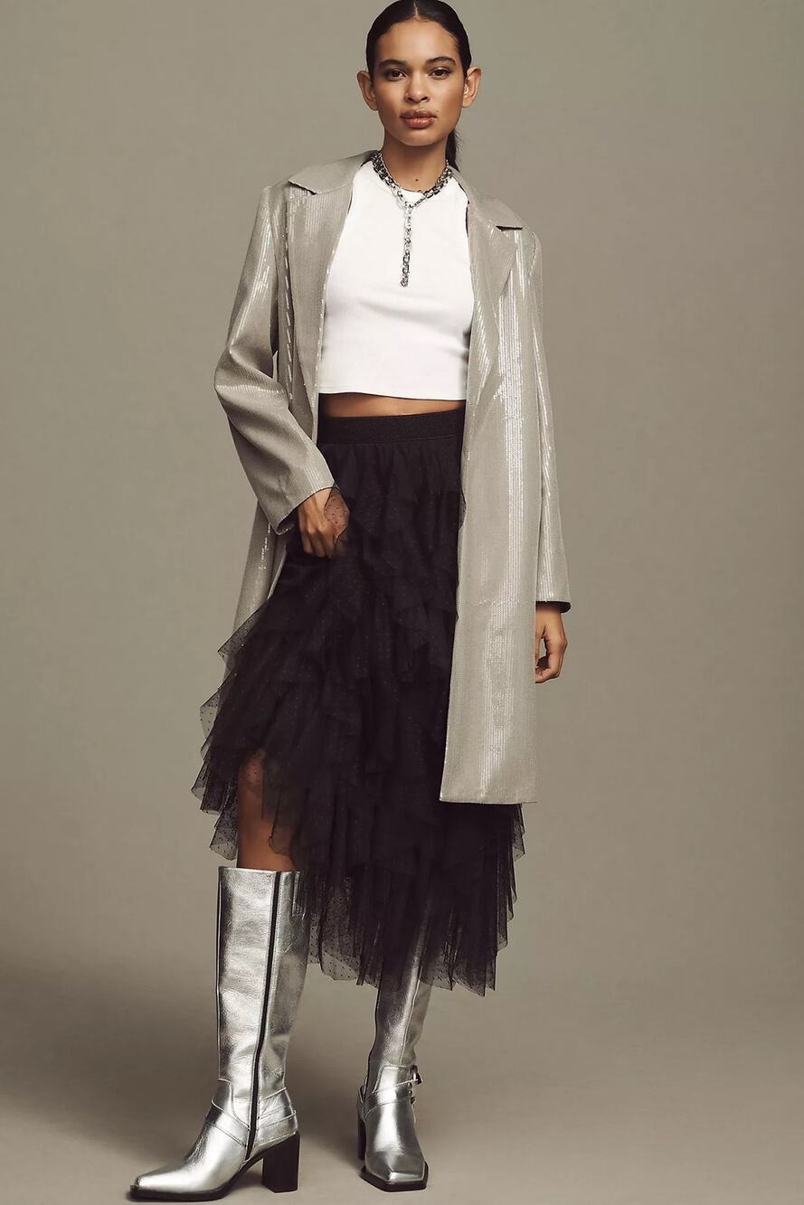 Anthropologie Mare Mare Silver Sequin Open Longline Jacket Size Small Maximalist